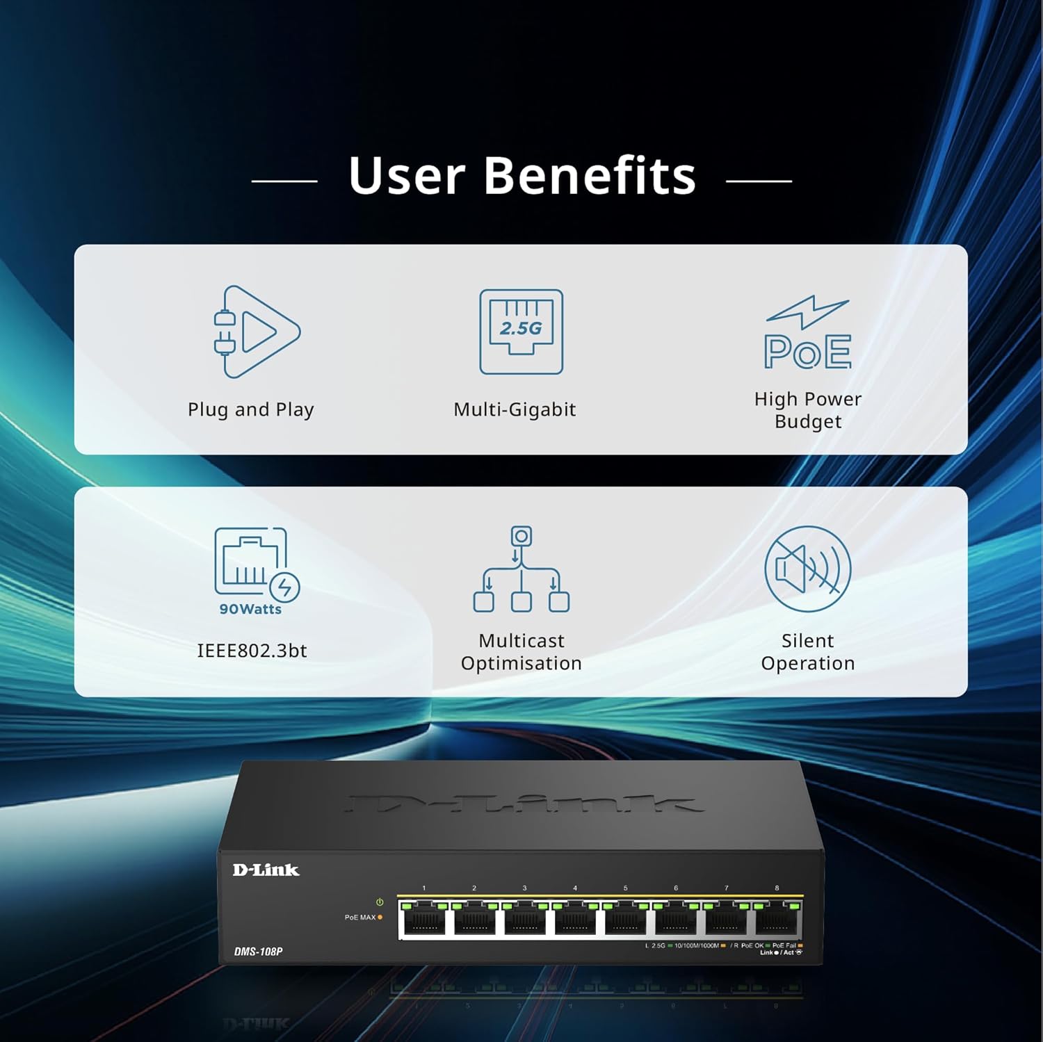 D-Link DMS-108P 8-Port Multi-Gigabit Unmanaged PoE Switch – 2.5GbE, 230W Power Budget, 802.3af/at/bt, Fanless, Plug & Play, Metal Housing, IGMP Snooping, QoS, Green Ethernet