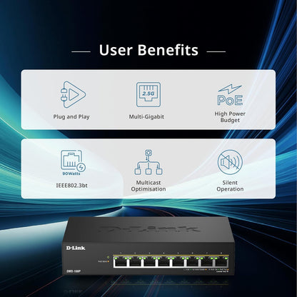 D-Link DMS-108P 8-Port Multi-Gigabit Unmanaged PoE Switch – 2.5GbE, 230W Power Budget, 802.3af/at/bt, Fanless, Plug & Play, Metal Housing, IGMP Snooping, QoS, Green Ethernet