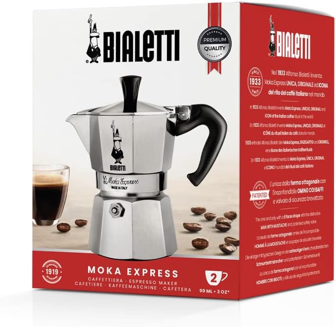 Bialetti Moka Express Aluminium Stovetop Coffee Maker (2 Cup), 8x11x11 cm, Silver