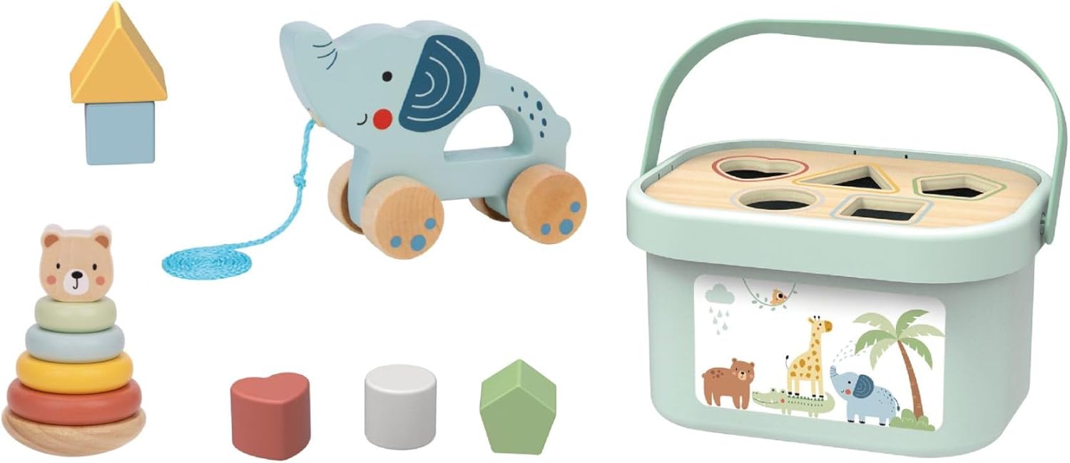 Wooden 3 in 1 Push Pull Toy, 12 Months+, Shape Sorter and Stacker Set, 920g