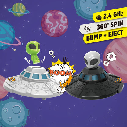Dickie Toys – UFO Bumper Set 2,4 GHz (14 cm), op afstand bestuurde speelset voor kinderen vanaf 6 jaar, crash functie, tot 6 km/u, 2 afstandsbedieningen en 2 UFO's, zwart grijs groen