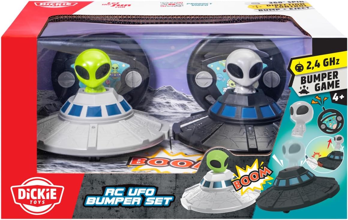 Dickie Toys – UFO Bumper Set 2,4 GHz (14 cm), op afstand bestuurde speelset voor kinderen vanaf 6 jaar, crash functie, tot 6 km/u, 2 afstandsbedieningen en 2 UFO's, zwart grijs groen