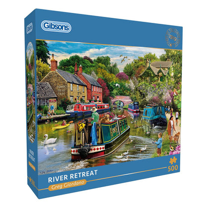 Gibsons River Retreat Puzzle, 500 Teile, schönes buntes Kunstwerk, Kanalboote, nostalgisch, nachhaltig, für Erwachsene, Teenager, hochwertiges 100% recyceltes Brett, tolles Geschenk | Gibsons Games