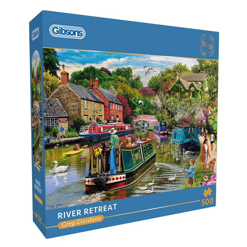Gibsons River Retreat Legpuzzel 500 stukjes, prachtig kleurrijk kunstwerk, grachtenboten, nostalgische duurzame puzzel voor volwassenen en tieners, premium 100% gerecycled bord, geweldig cadeau |
