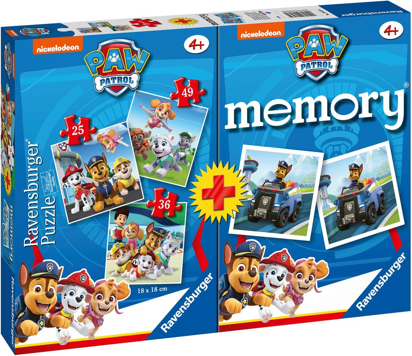 Ravensburger 20823 4 Multipack Memory and Puzzle Paw Patrol, Puzzle and Game for Children, Recommended Age 4+