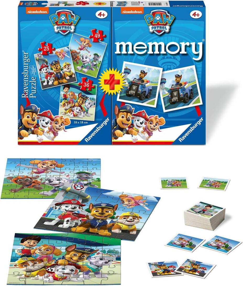 Ravensburger 20823 4 Multipack Memory and Puzzle Paw Patrol, Puzzle and Game for Children, Recommended Age 4+