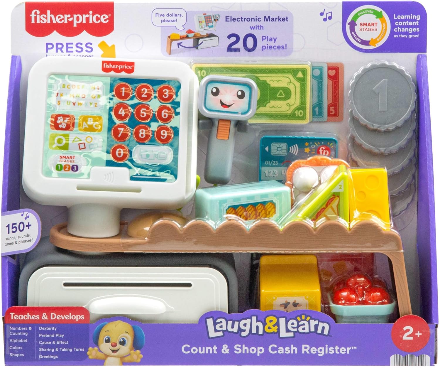 Fisher-Price Educatief Peuterpeelgoed, Leerplezier Tellen en Shoppen Kassa, speelwinkel met 20 onderdelen voor kinderen vanaf 2 jaar, meertalige versie, JGW97