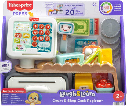 Fisher-Price Educatief Peuterpeelgoed, Leerplezier Tellen en Shoppen Kassa, speelwinkel met 20 onderdelen voor kinderen vanaf 2 jaar, meertalige versie, JGW97