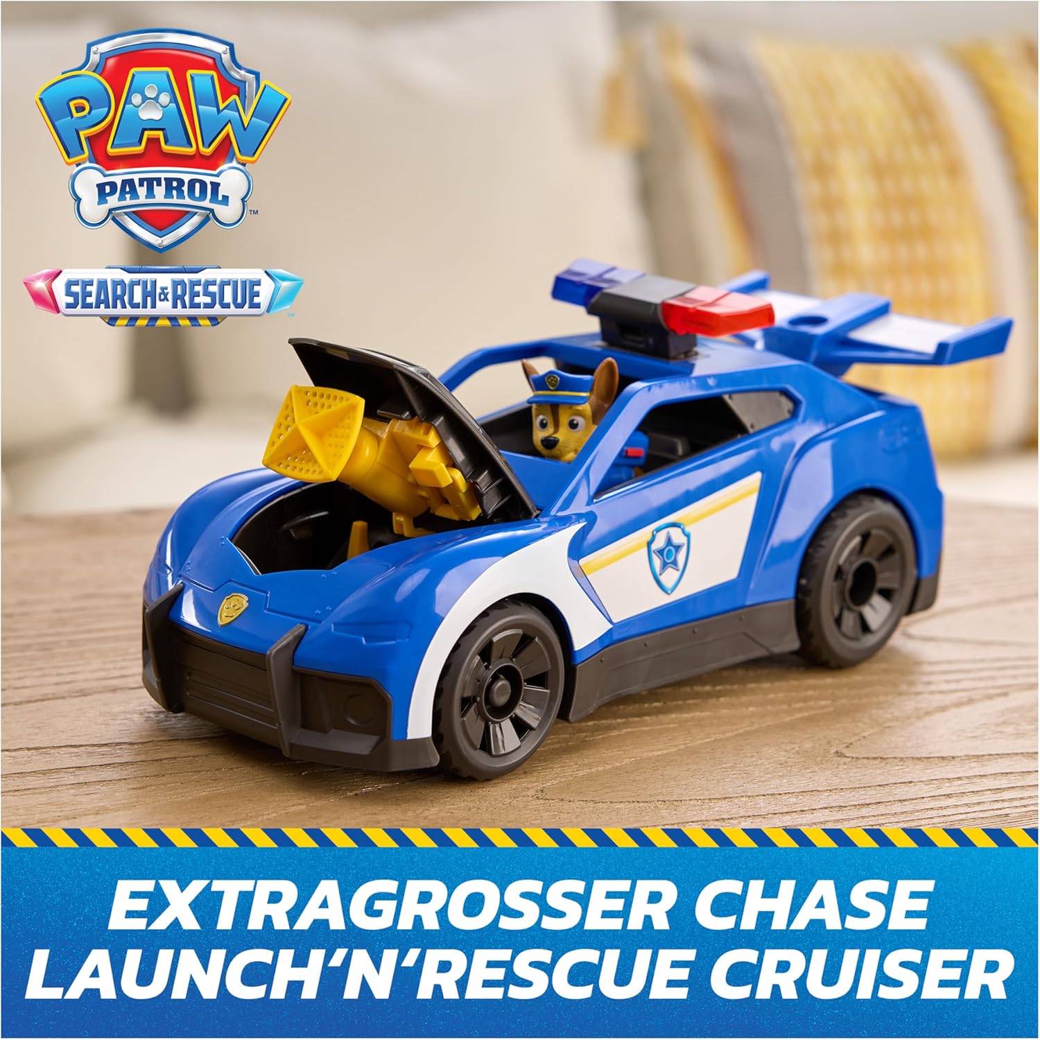 Paw Patrol: Search & Rescue, Chase Launch “N’ Rescue Cruiser with Figure and 2 Projectiles, Lights, Sounds, and Hidden Launcher, Kids Toys for Boys and Girls Ages 3 and up