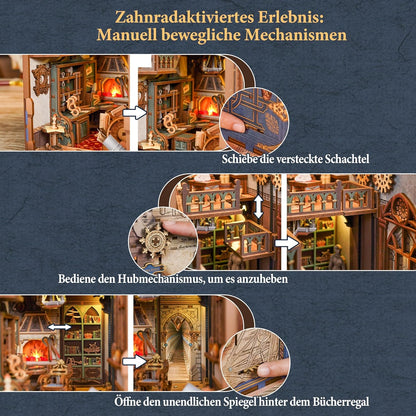 Tonecheer DIY Book Nook Kit mit Staubschutz und LED-Licht, 3D Holz Puzzle, bewegliche und rotierende Teile, kreative Buchstütze für Bibliothek, Geschenkideen für Erwachsene(Leonardo da Vinci