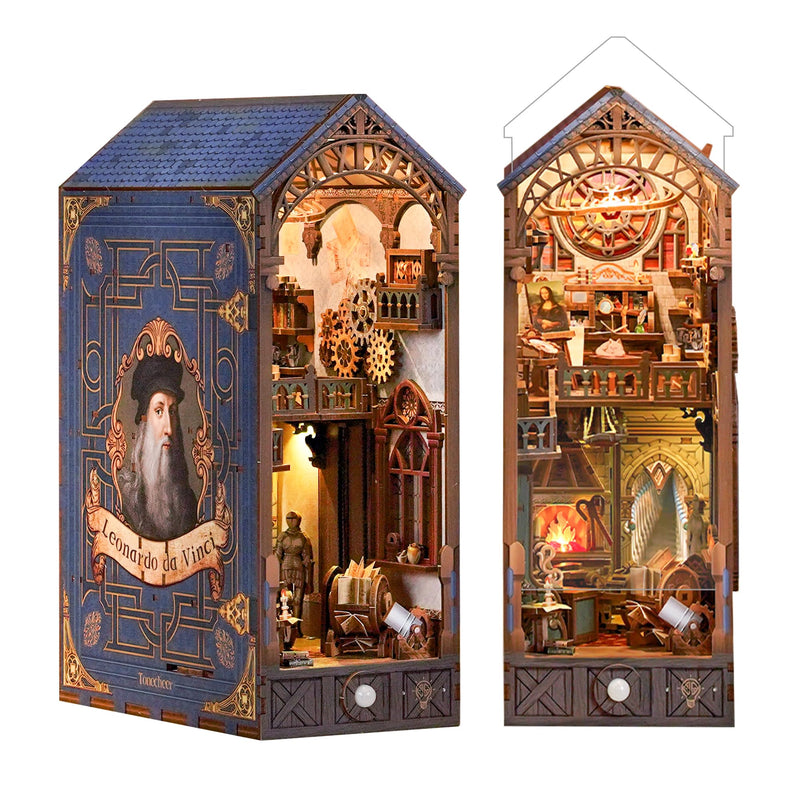 Tonecheer DIY Book Nook Kit mit Staubschutz und LED-Licht, 3D Holz Puzzle, bewegliche und rotierende Teile, kreative Buchstütze für Bibliothek, Geschenkideen für Erwachsene(Leonardo da Vinci