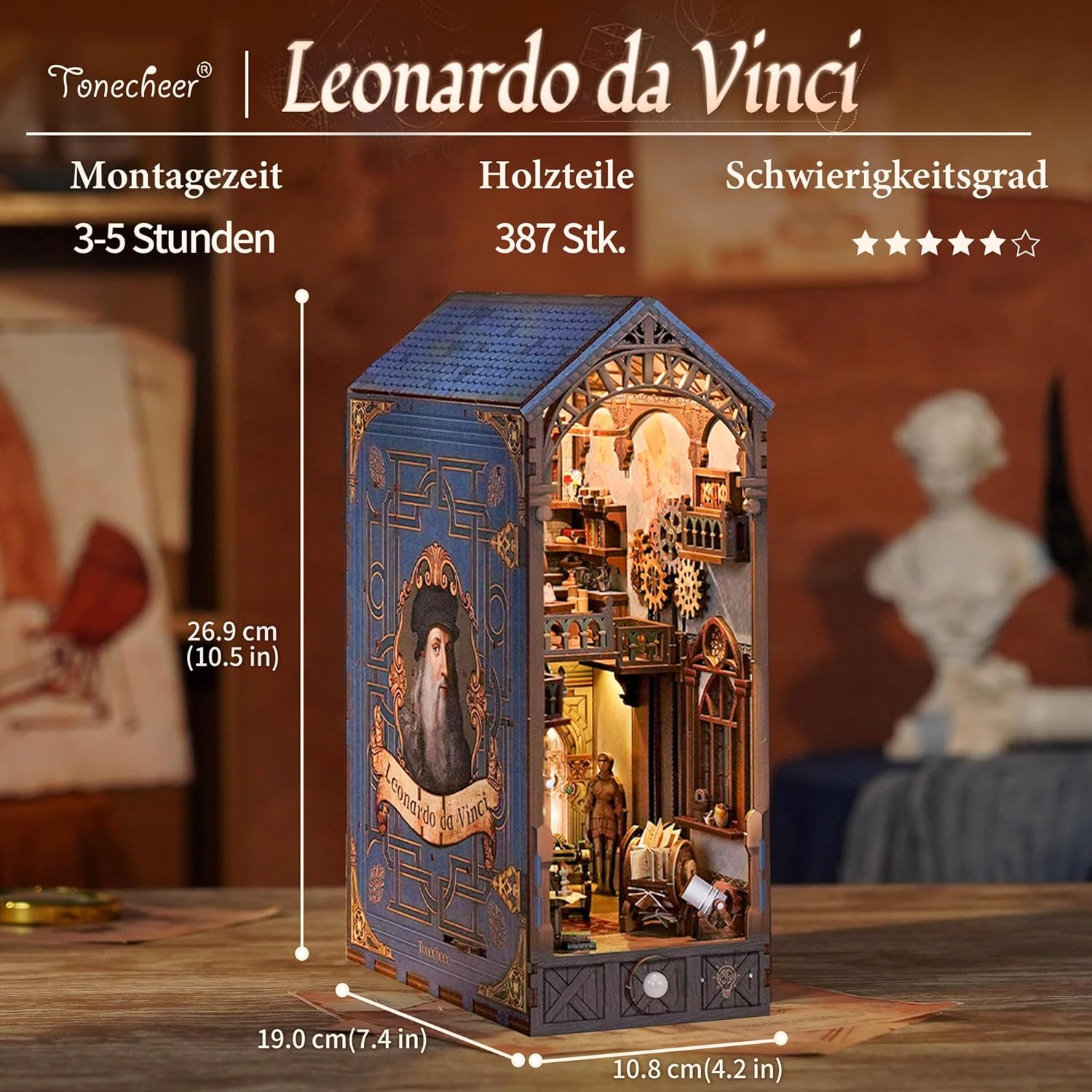 Tonecheer DIY Book Nook Kit mit Staubschutz und LED-Licht, 3D Holz Puzzle, bewegliche und rotierende Teile, kreative Buchstütze für Bibliothek, Geschenkideen für Erwachsene(Leonardo da Vinci
