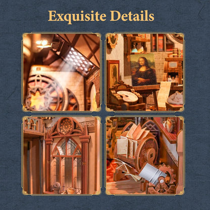 Tonecheer DIY Book Nook Kit mit Staubschutz und LED-Licht, 3D Holz Puzzle, bewegliche und rotierende Teile, kreative Buchstütze für Bibliothek, Geschenkideen für Erwachsene(Leonardo da Vinci