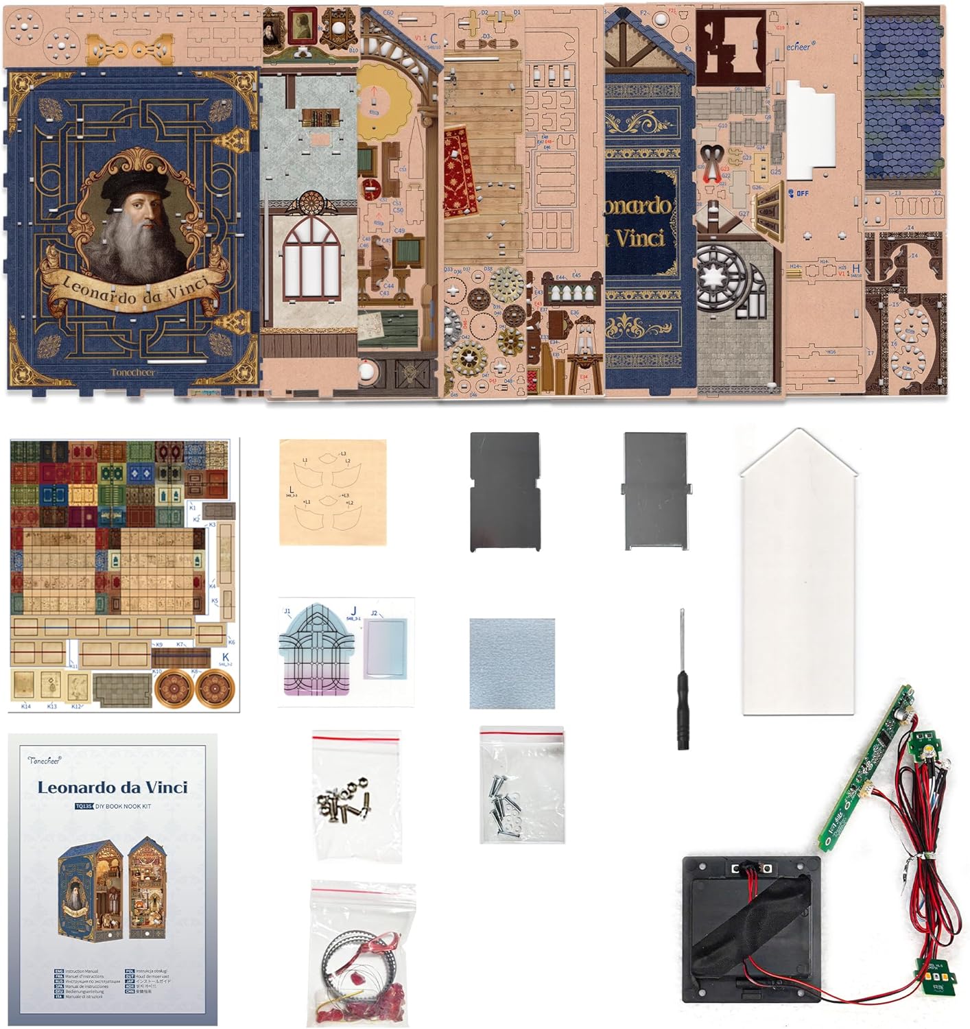 Tonecheer DIY Book Nook Kit mit Staubschutz und LED-Licht, 3D Holz Puzzle, bewegliche und rotierende Teile, kreative Buchstütze für Bibliothek, Geschenkideen für Erwachsene(Leonardo da Vinci
