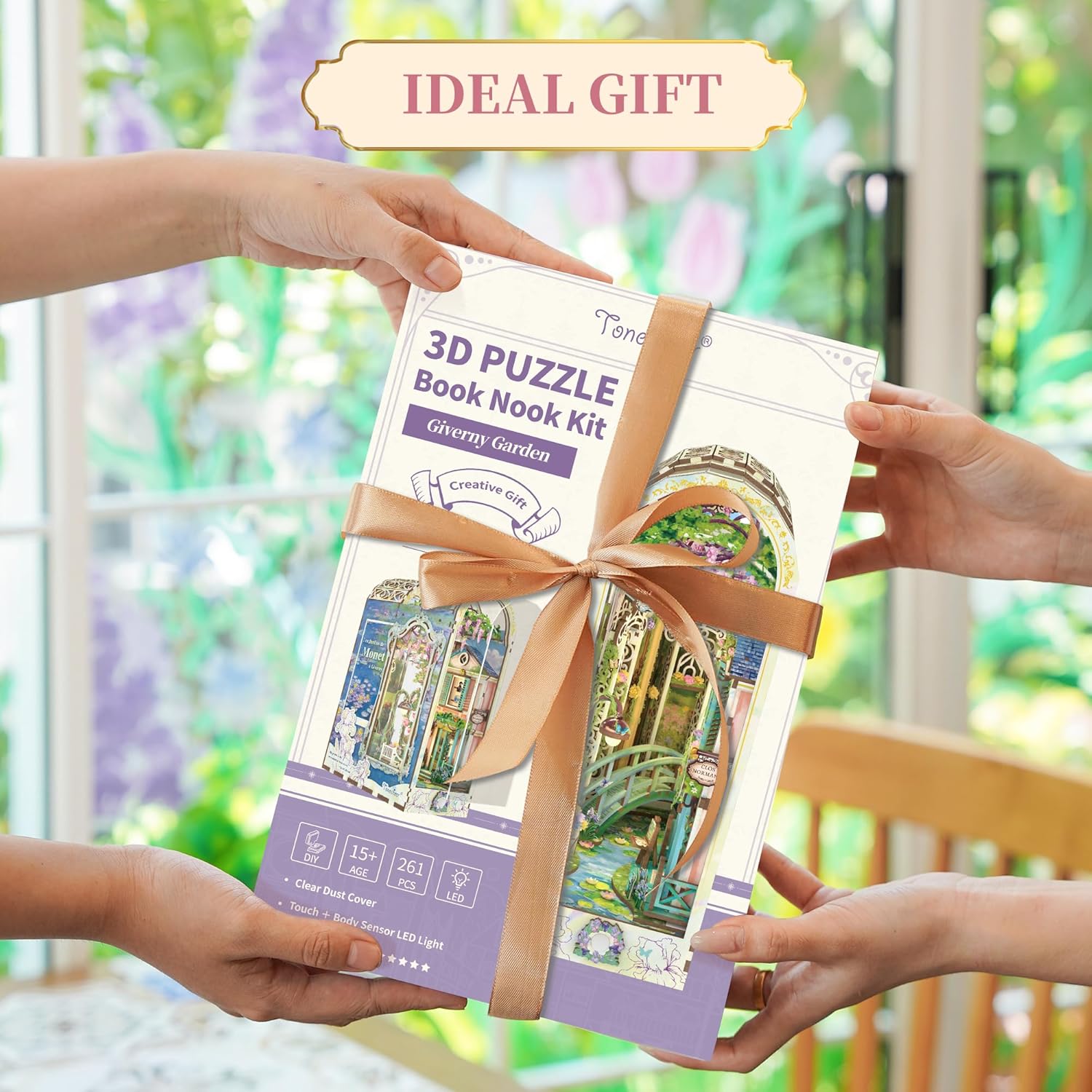 Tonecheer Book Nook Kit mit Staubschutz und LED-Licht, 3D Puzzle Buchstützen aus Holz, Kreative Buchstütze für Bibliothek, DIY Set Erwachsene Geschenkideen(Giverny Garden