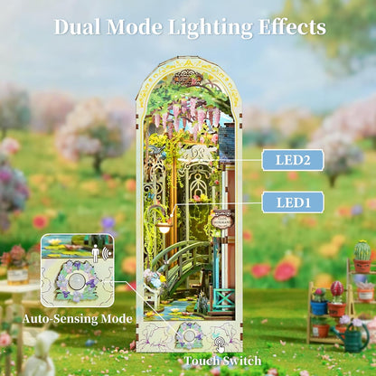 Tonecheer Book Nook Kit mit Staubschutz und LED-Licht, 3D Puzzle Buchstützen aus Holz, Kreative Buchstütze für Bibliothek, DIY Set Erwachsene Geschenkideen(Giverny Garden