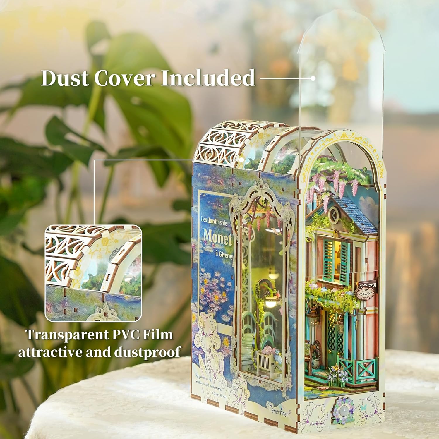 Tonecheer Book Nook Kit mit Staubschutz und LED-Licht, 3D Puzzle Buchstützen aus Holz, Kreative Buchstütze für Bibliothek, DIY Set Erwachsene Geschenkideen(Giverny Garden
