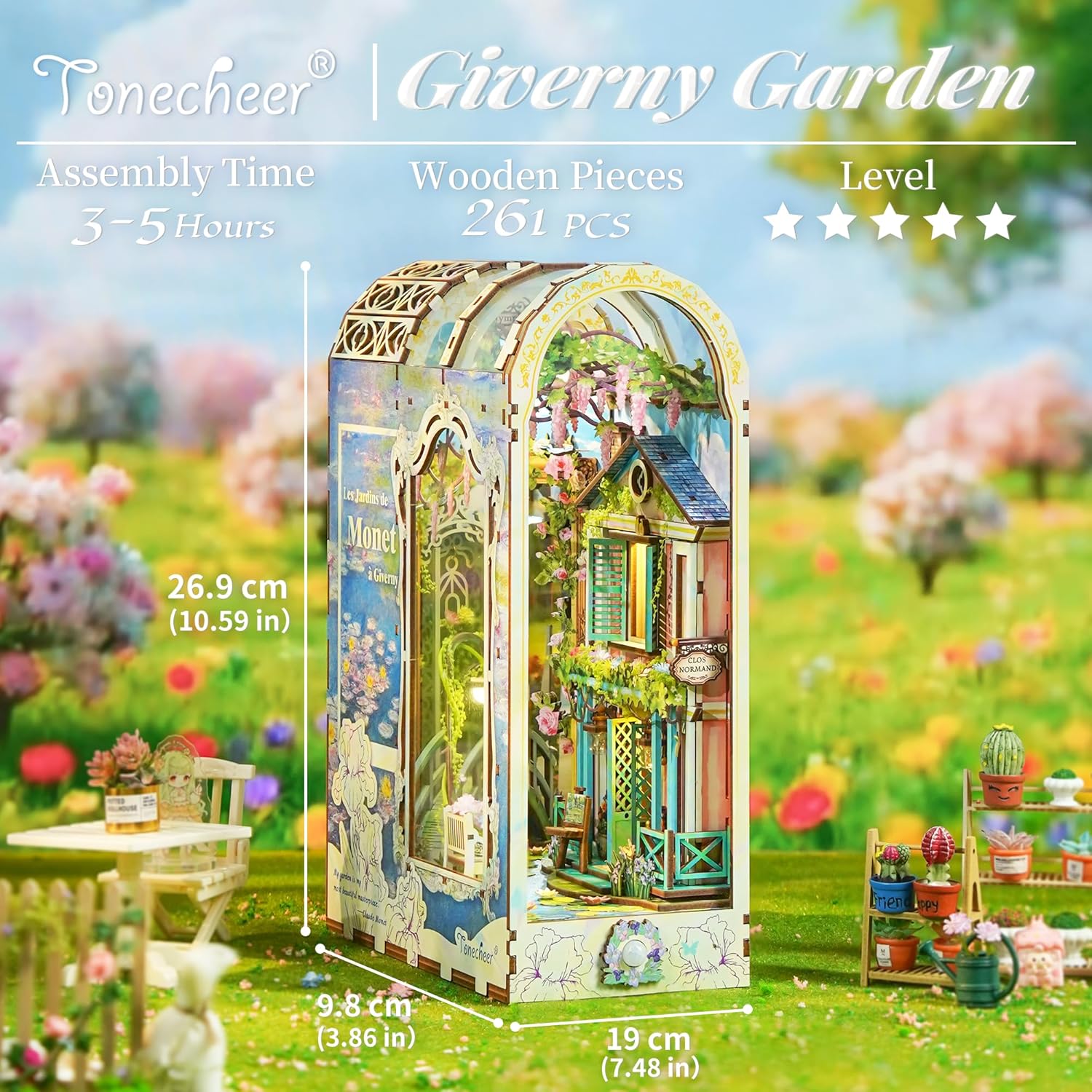Tonecheer Book Nook Kit mit Staubschutz und LED-Licht, 3D Puzzle Buchstützen aus Holz, Kreative Buchstütze für Bibliothek, DIY Set Erwachsene Geschenkideen(Giverny Garden