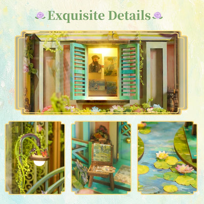 Tonecheer Book Nook Kit mit Staubschutz und LED-Licht, 3D Puzzle Buchstützen aus Holz, Kreative Buchstütze für Bibliothek, DIY Set Erwachsene Geschenkideen(Giverny Garden