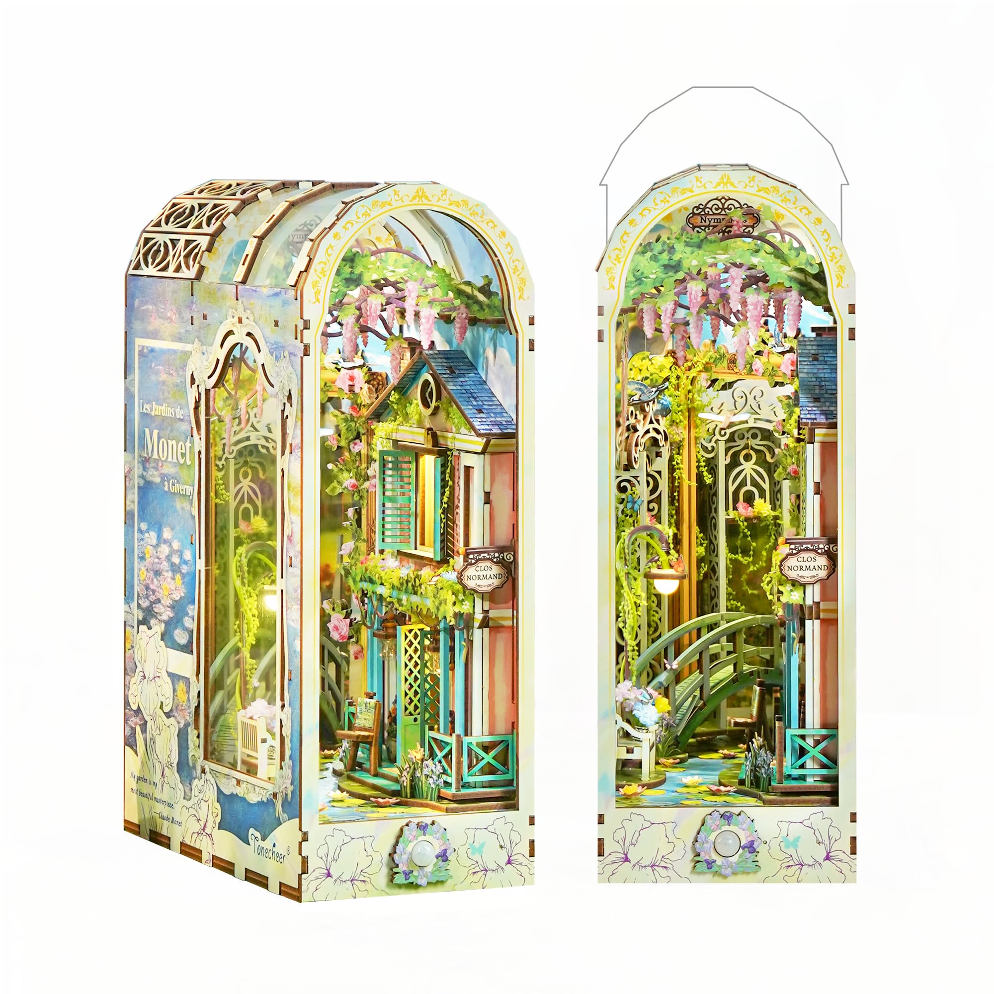 Tonecheer Book Nook Kit mit Staubschutz und LED-Licht, 3D Puzzle Buchstützen aus Holz, Kreative Buchstütze für Bibliothek, DIY Set Erwachsene Geschenkideen(Giverny Garden