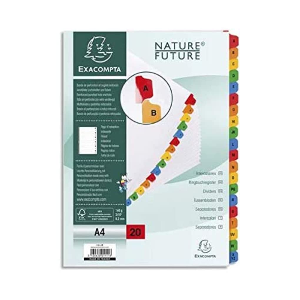 Exacompta - Ref 1111E - Mylar Printed Indices - For Use WithA4 Documents, Pre-Punched, 160gsm White Card with Reinforced Plastic Tabs, FSC-Certified - 20-Part Dividers (A-Z