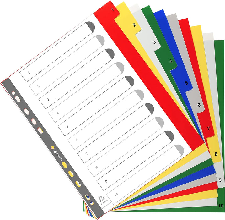 Exacompta - Ref 84E - PP Printed Indices - For Use With A4+ Documents, 0.1mm Polypropylene, Pre-Punched, Soft & Tear Resistant - 10 Divider Parts (1-10) - White With Coloured Tabs