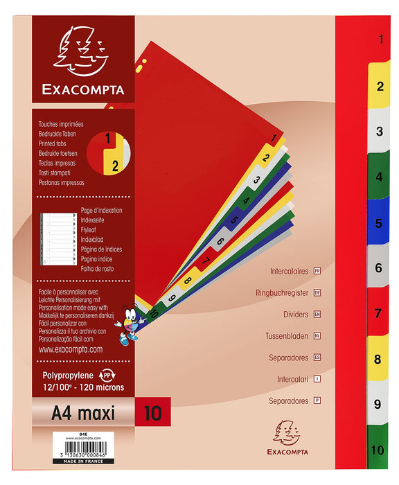 Exacompta - Ref 84E - PP Printed Indices - For Use With A4+ Documents, 0.1mm Polypropylene, Pre-Punched, Soft & Tear Resistant - 10 Divider Parts (1-10) - White With Coloured Tabs