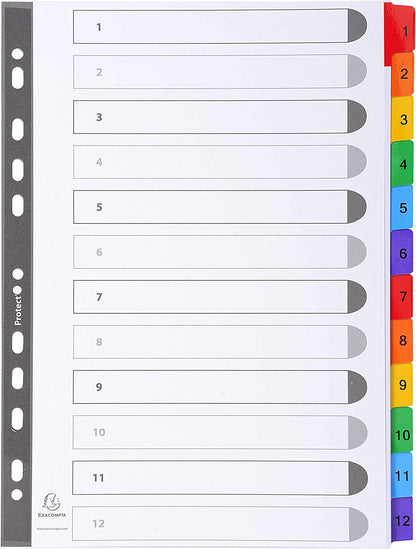 Exacompta - Ref 1112E - Mylar Printed Indices - for Use WithA4 Documents, Pre-Punched, 160gsm White Card with Reinforced Plastic Tabs, FSC-Certified - 12-Part Dividers (1-12