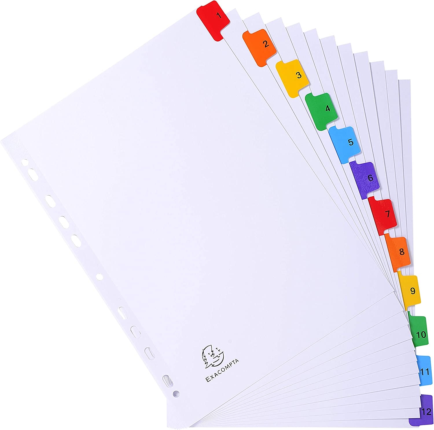 Exacompta - Ref 1112E - Mylar Printed Indices - for Use WithA4 Documents, Pre-Punched, 160gsm White Card with Reinforced Plastic Tabs, FSC-Certified - 12-Part Dividers (1-12