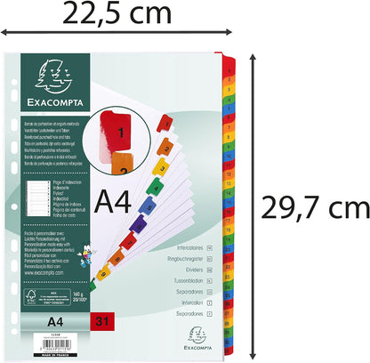 Exacompta - Ref 1131E - Printed Indices - Suitable for A4 Documents, Pre-Punched for Lever Arch Files & Binders, 31 Part (Sections 1-31), FSC-Certified - White with Multicoloured Tabs