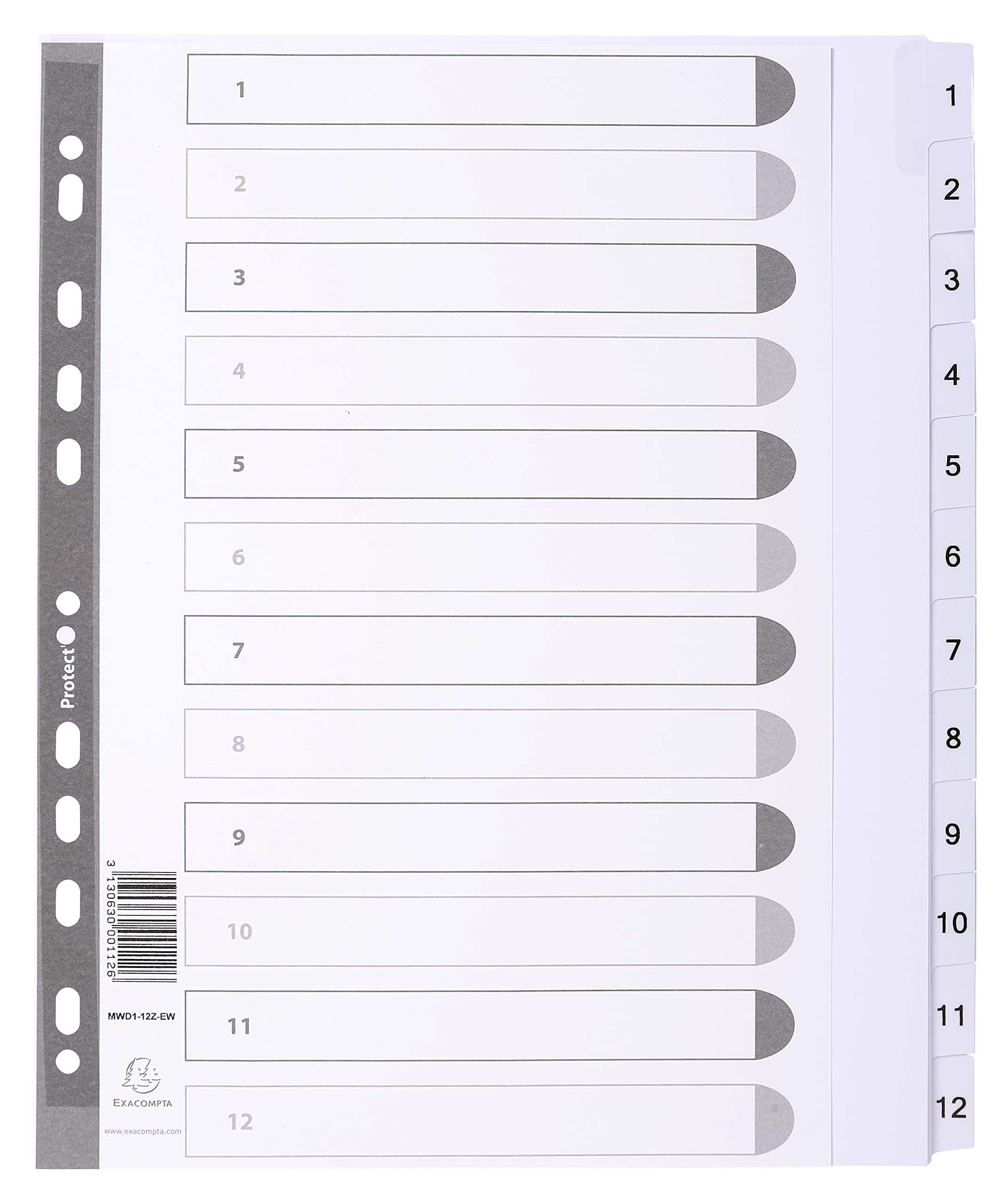 Exacompta - Ref MWD1-12Z-EW - Mylar Printed Indices - For Use With A4+ Documents, Pre-Punched, 160gsm White Card with Reinforced Plastic Tabs, FSC-Certified - 12-Part Dividers (1-12