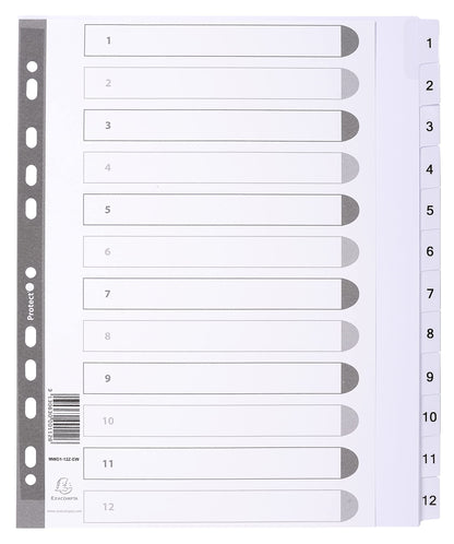 Exacompta - Ref MWD1-12Z-EW - Mylar Printed Indices - For Use With A4+ Documents, Pre-Punched, 160gsm White Card with Reinforced Plastic Tabs, FSC-Certified - 12-Part Dividers (1-12