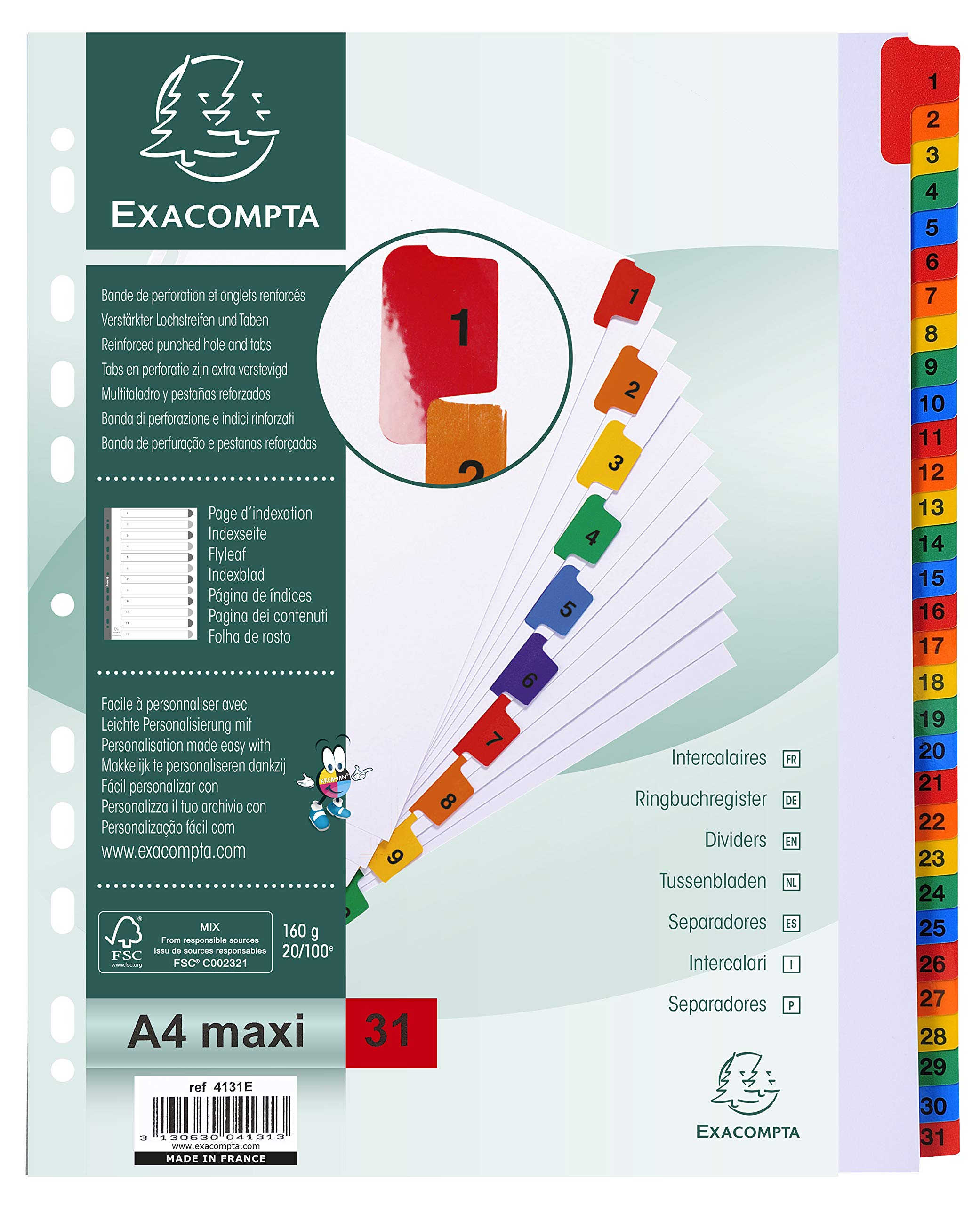 Exacompta - Ref 4131E - Mylar Printed Indices - For Use With A4+ Documents, Pre-Punched, 160gsm White Card with Reinforced Plastic Tabs, FSC-Certified - 31-Part Dividers (1-31) A4+ 31 Part