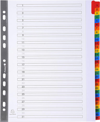 Exacompta - Ref 4131E - Mylar Printed Indices - For Use With A4+ Documents, Pre-Punched, 160gsm White Card with Reinforced Plastic Tabs, FSC-Certified - 31-Part Dividers (1-31) A4+ 31 Part