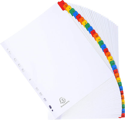 Exacompta - Ref 4131E - Mylar Printed Indices - For Use With A4+ Documents, Pre-Punched, 160gsm White Card with Reinforced Plastic Tabs, FSC-Certified - 31-Part Dividers (1-31) A4+ 31 Part