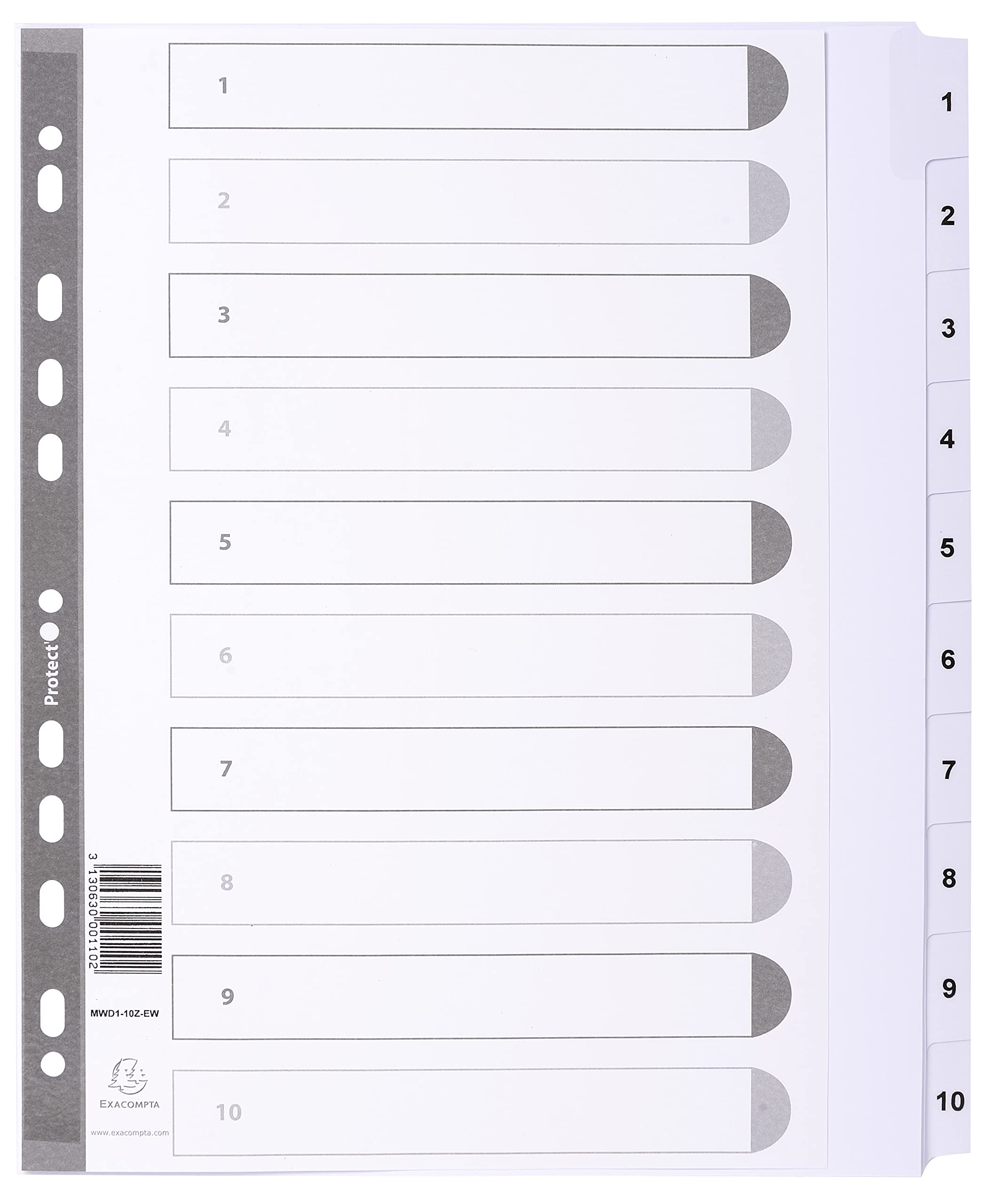 Exacompta - Ref MWD1-10Z-EW - Mylar Printed Indices - For Use With A4+ Documents, Pre-Punched, 160gsm White Card with Reinforced Plastic Tabs, FSC-Certified - 10-Part Dividers (1-10