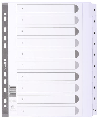 Exacompta - Ref MWD1-10Z-EW - Mylar Printed Indices - For Use With A4+ Documents, Pre-Punched, 160gsm White Card with Reinforced Plastic Tabs, FSC-Certified - 10-Part Dividers (1-10