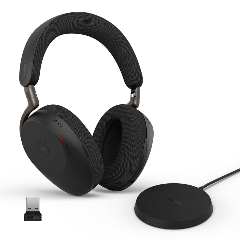 Jabra Evolve3 85 Over-Ear Wireless Bluetooth Headset with Mic and Wireless Charging Stand for Work, USB-A, AI Voice Call Technology, Adaptive ANC, 25-Hour Battery, Microsoft Teams Certified, Black