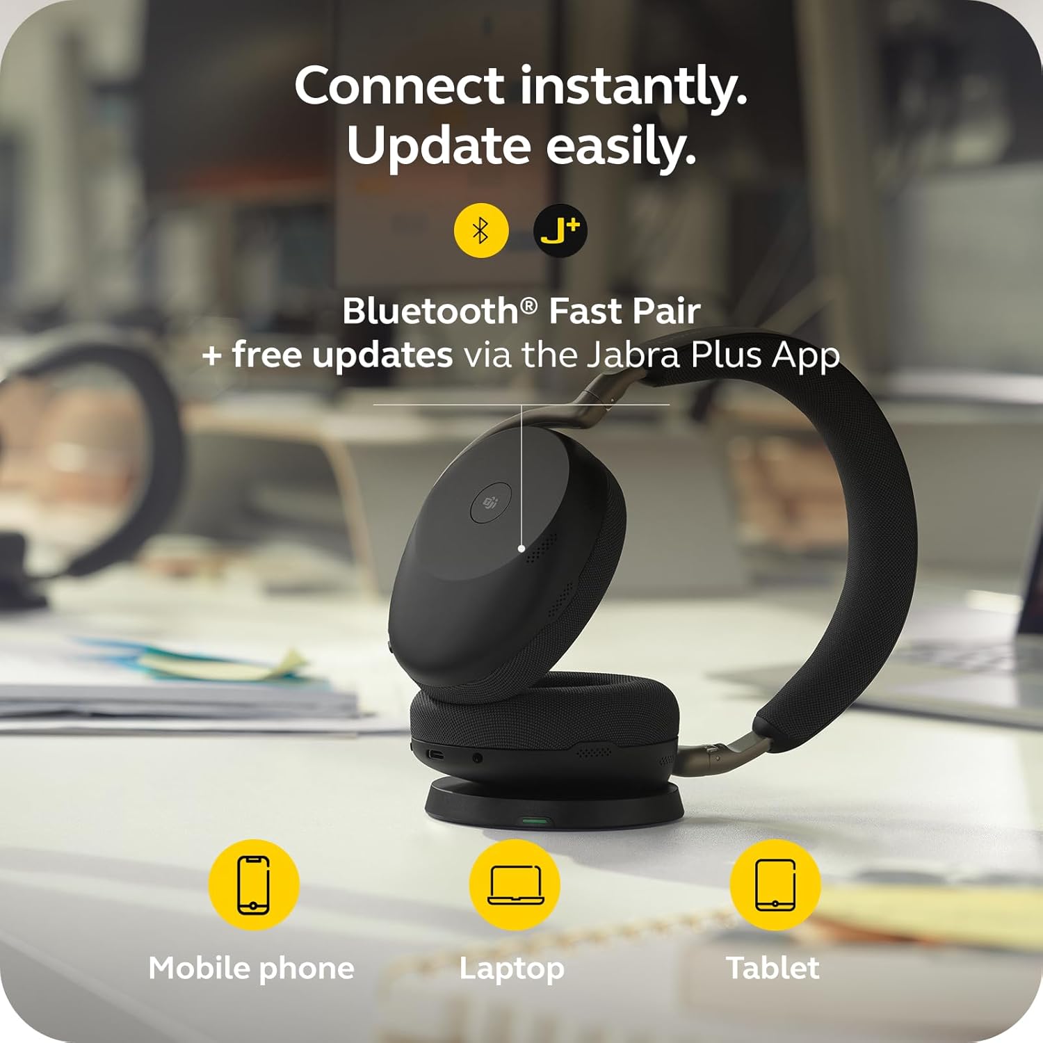 Jabra Evolve3 85 Over-Ear Wireless Bluetooth Headset with Mic and Wireless Charging Stand for Work, USB-A, AI Voice Call Technology, Adaptive ANC, 25-Hour Battery, Microsoft Teams Certified, Black