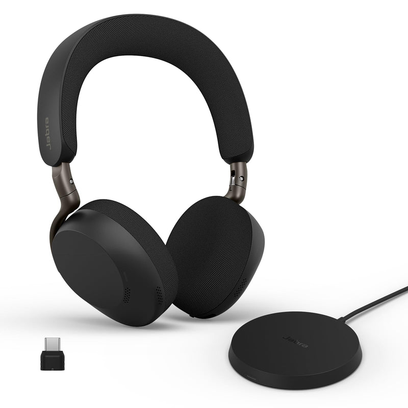 Jabra Evolve3 75 On-Ear Wireless Bluetooth Headset with Mic and Wireless Charging Stand for Work, USB-C, AI Voice Call Technology, Advanced ANC, 22-Hour Battery, Works with Online Meeting Apps, Black
