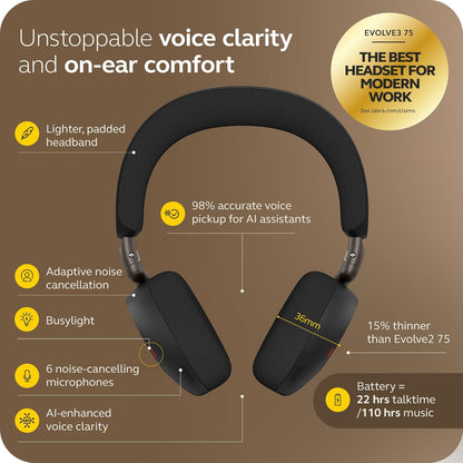 Jabra Evolve3 75 On-Ear Wireless Bluetooth Headset with Mic and Wireless Charging Stand for Work, USB-C, AI Voice Call Technology, Advanced ANC, 22-Hour Battery, Works with Online Meeting Apps, Black