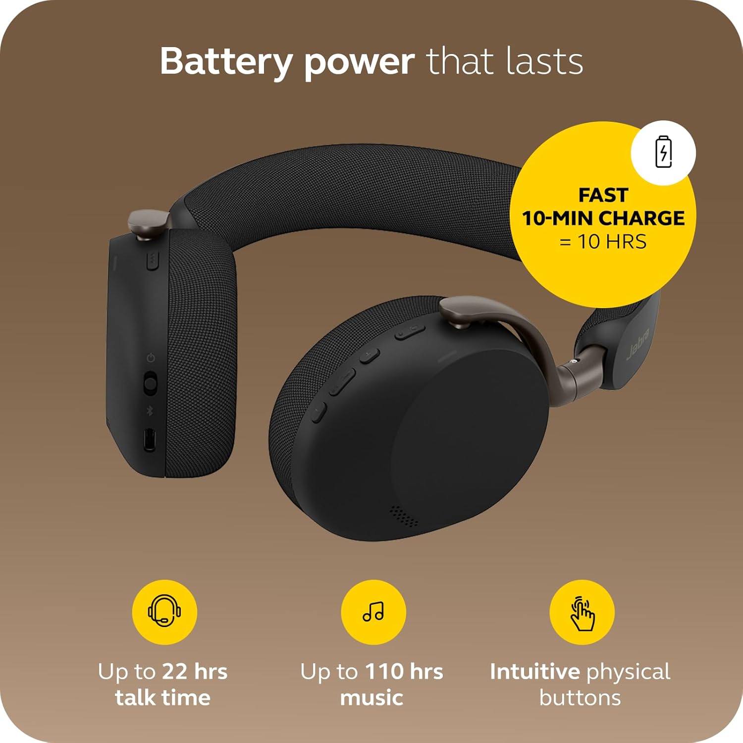 Jabra Evolve3 75 On-Ear Wireless Bluetooth Headset with Mic and Wireless Charging Stand for Work, USB-C, AI Voice Call Technology, Advanced ANC, 22-Hour Battery, Works with Online Meeting Apps, Black