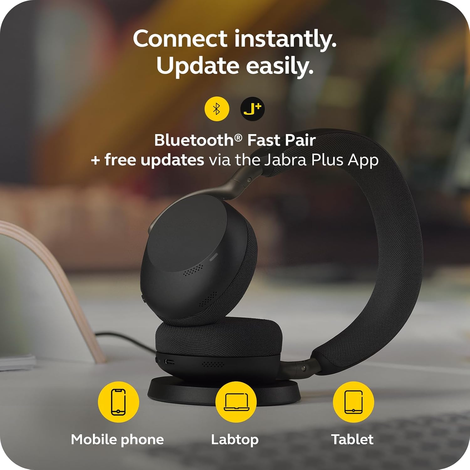 Jabra Evolve3 75 On-Ear Wireless Bluetooth Headset with Mic and Wireless Charging Stand for Work, USB-A, AI Voice Call Technology, Advanced ANC, 22-Hour Battery, Works with Online Meeting Apps, Black