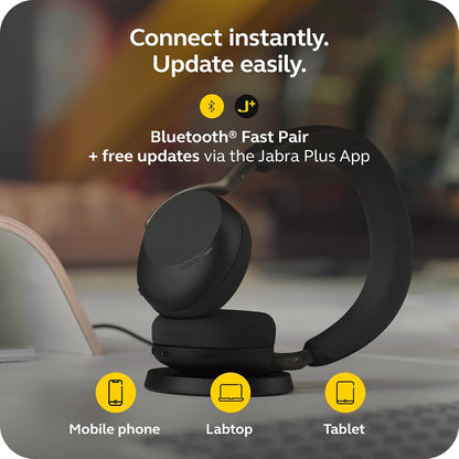 Jabra Evolve3 75 On-Ear Wireless Bluetooth Headset with Mic and Wireless Charging Stand for Work, USB-A, AI Voice Call Technology, Advanced ANC, 22-Hour Battery, Works with Online Meeting Apps, Black