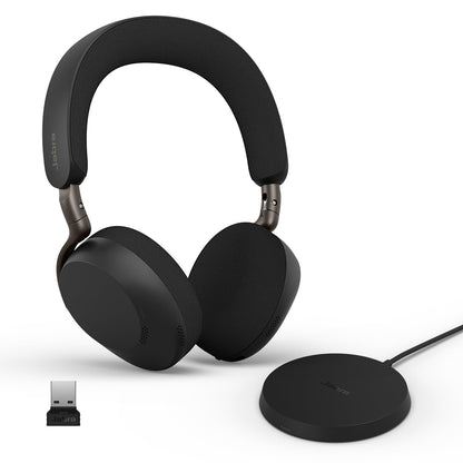 Jabra Evolve3 75 On-Ear Wireless Bluetooth Headset with Mic and Wireless Charging Stand for Work, USB-A, AI Voice Call Technology, Advanced ANC, 22-Hour Battery, Works with Online Meeting Apps, Black