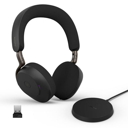 Jabra Evolve3 75 On-Ear Wireless Bluetooth Headset with Mic and Wireless Charging Stand for Work, USB-A, AI Voice Call Technology, Advanced ANC, 22-Hour Battery, Microsoft Teams Certified, Black