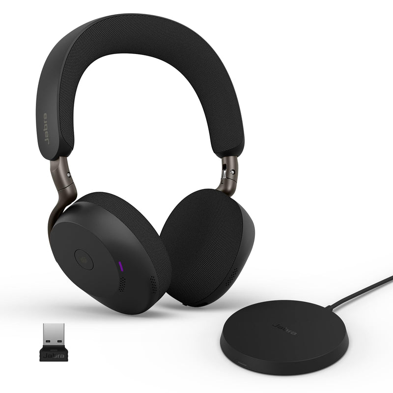 Jabra Evolve3 75 On-Ear Wireless Bluetooth Headset with Mic and Wireless Charging Stand for Work, USB-A, AI Voice Call Technology, Advanced ANC, 22-Hour Battery, Microsoft Teams Certified, Black