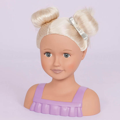 Our Generation - Tête de stylisme pour poupée - Cheveux blonds et Yeux Bleus - Jouer à Faire Semblant - Autocollants et Accessoires de décoration pour Cheveux - 3 Ans et +