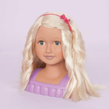 Our Generation - Tête de stylisme pour poupée - Cheveux blonds et Yeux Bleus - Jouer à Faire Semblant - Autocollants et Accessoires de décoration pour Cheveux - 3 Ans et +