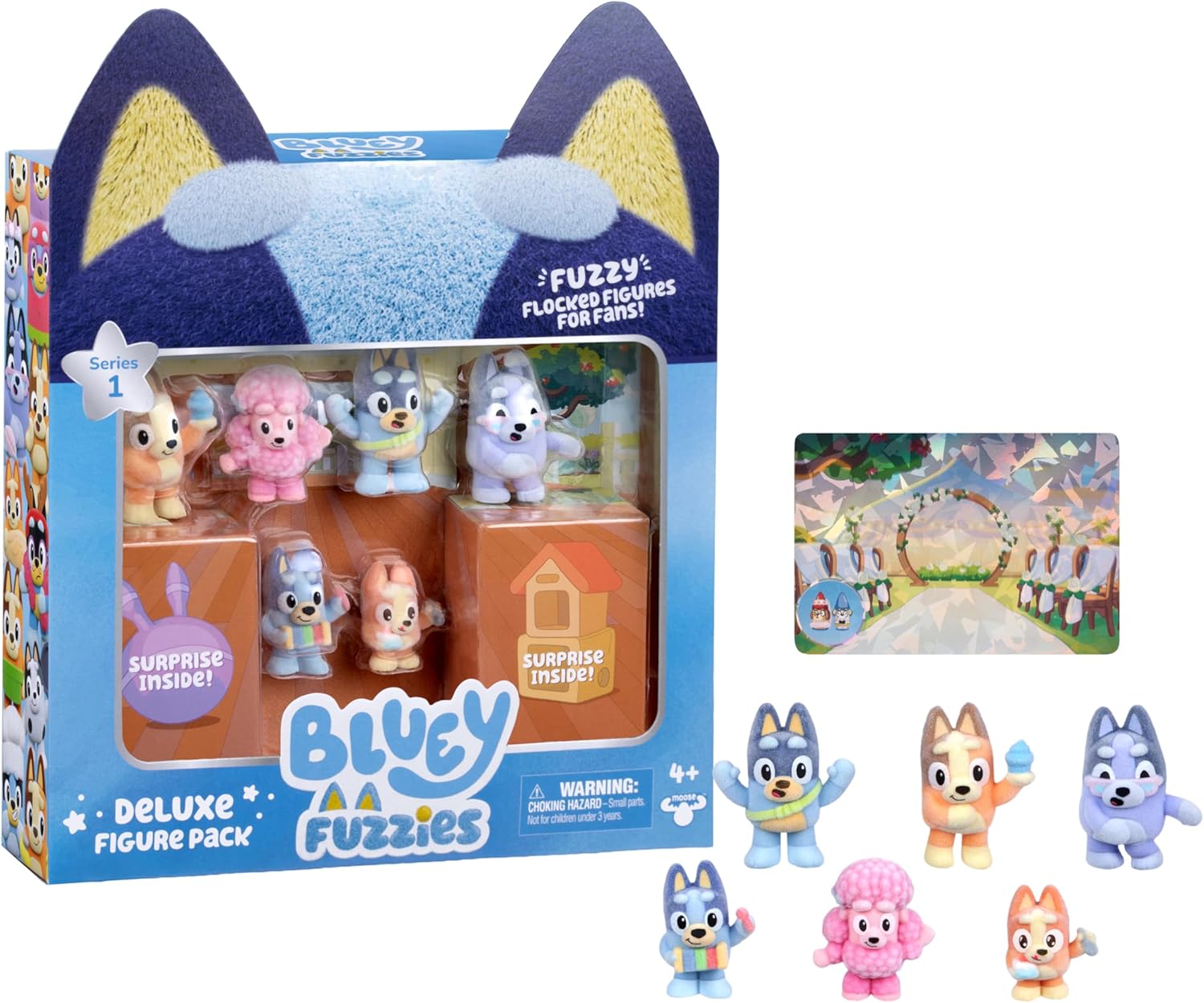 Bluey Set di figure Fuzzies Deluxe con 6 mini statuette da collezione appositamente floccate. Include 2 figurine a sorpresa (pacchetto cieco), carte collezionabili e guida da collezionare. 80 A